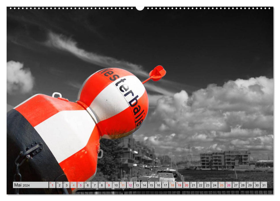 The seaport city of Emden - in black and white colorful (CALVENDO wall calendar 2024) 