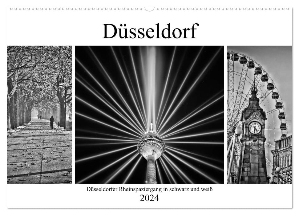 Promenade sur le Rhin de Düsseldorf en noir et blanc (calendrier mural CALVENDO 2024) 