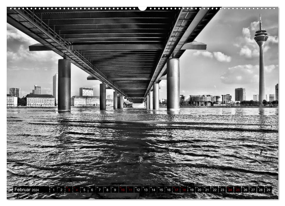 Promenade sur le Rhin de Düsseldorf en noir et blanc (calendrier mural CALVENDO 2024) 