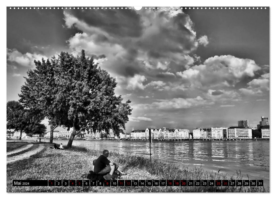 Promenade sur le Rhin de Düsseldorf en noir et blanc (calendrier mural CALVENDO 2024) 