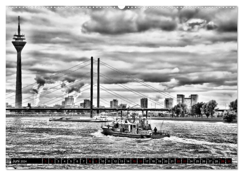 Promenade sur le Rhin de Düsseldorf en noir et blanc (calendrier mural CALVENDO 2024) 