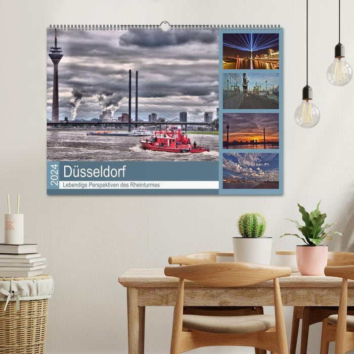 Düsseldorf - Lebendige Perspektiven des Rheinturmes (CALVENDO Wandkalender 2024)
