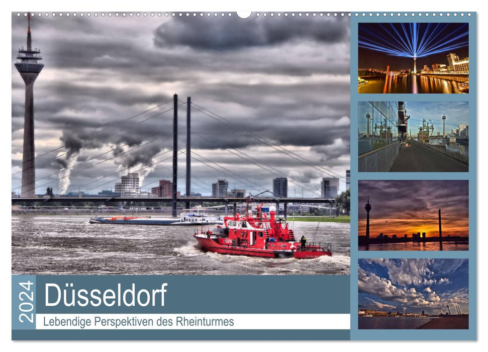 Düsseldorf - Lebendige Perspektiven des Rheinturmes (CALVENDO Wandkalender 2024)