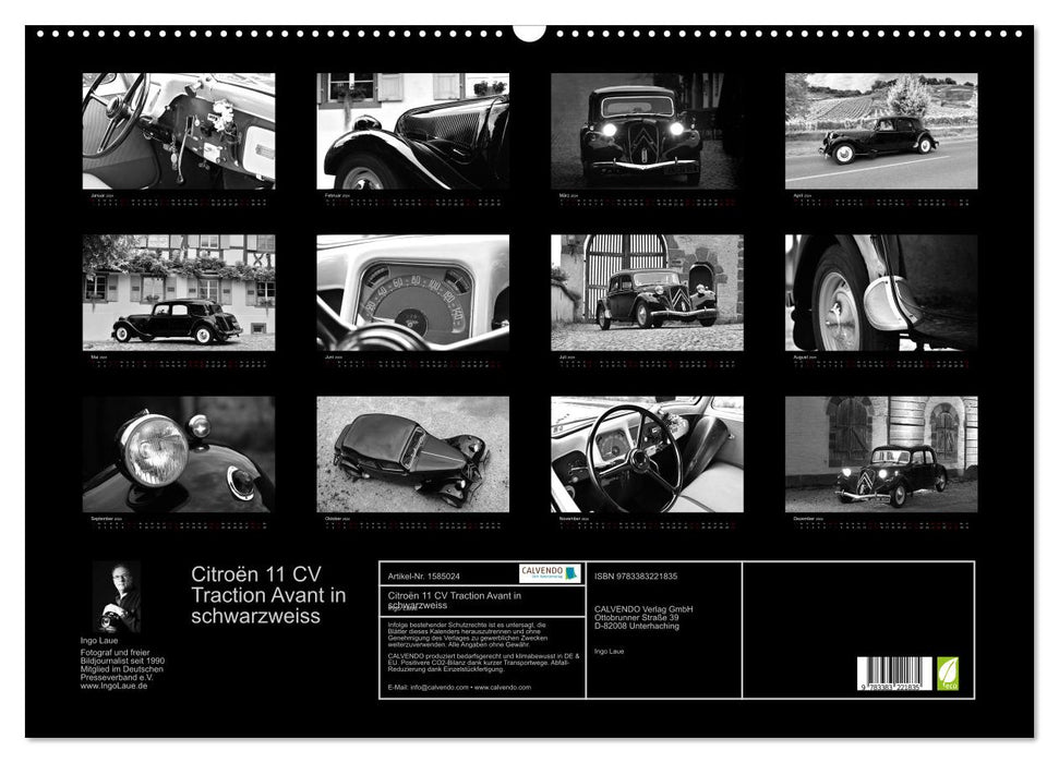 Citroën 11 CV Traction Avant en noir et blanc (calendrier mural CALVENDO 2024) 