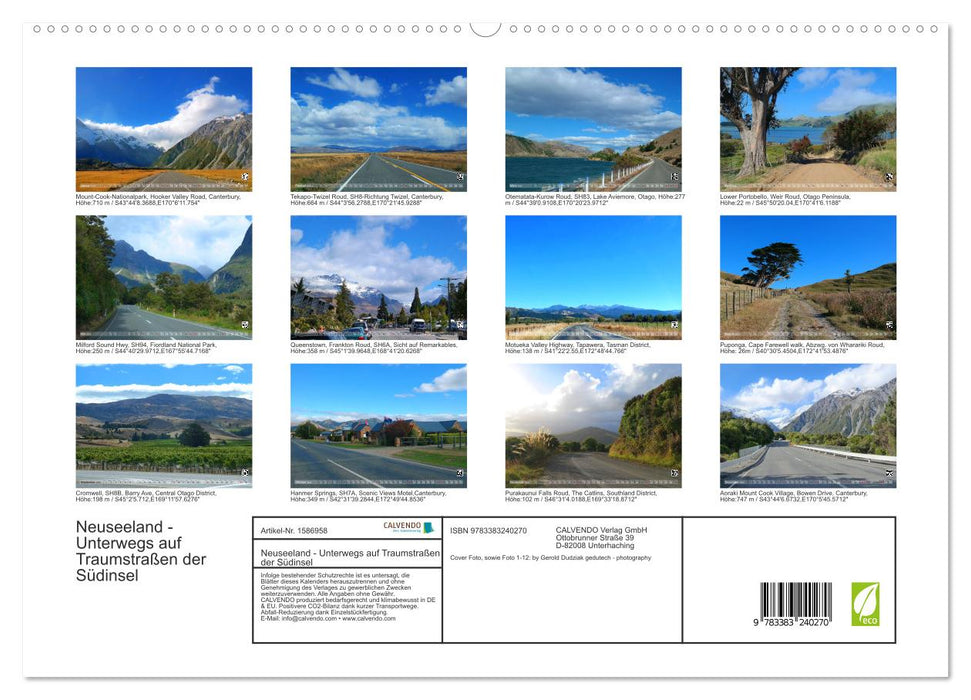 Nouvelle-Zélande En route sur les routes de rêve de l'île du Sud (Calendrier mural CALVENDO Premium 2024) 