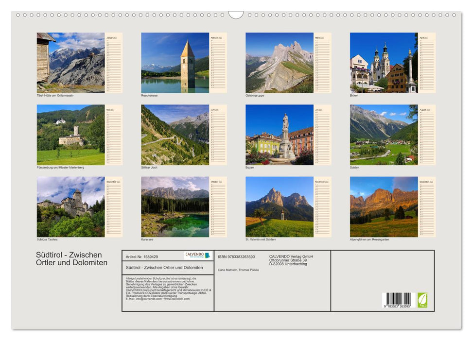 Südtirol - Zwischen Ortler und Dolomiten (CALVENDO Wandkalender 2024)