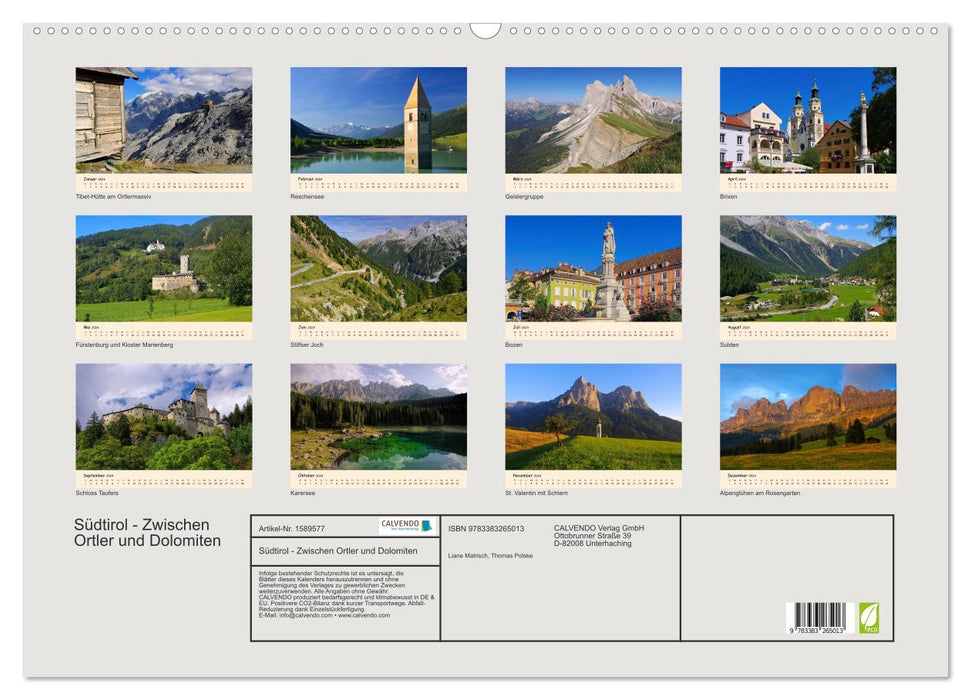 Südtirol - Zwischen Ortler und Dolomiten (CALVENDO Wandkalender 2024)