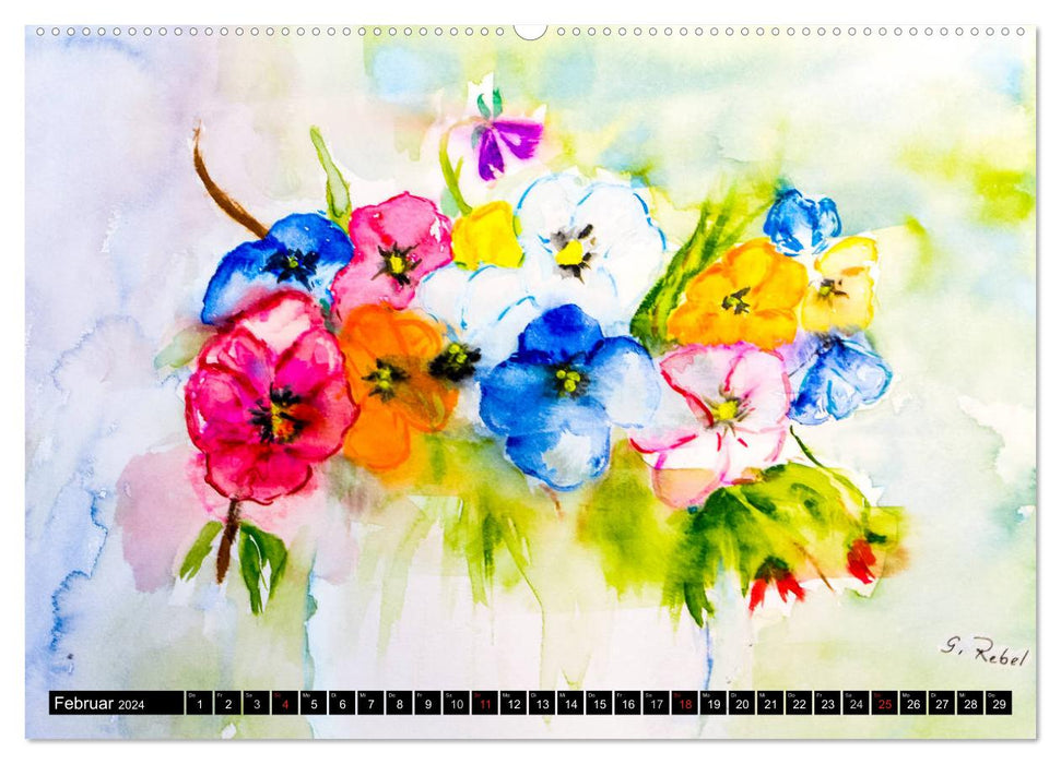 Blumenjahr - Bunte Blüten in Aquarell (CALVENDO Premium Wandkalender 2024)