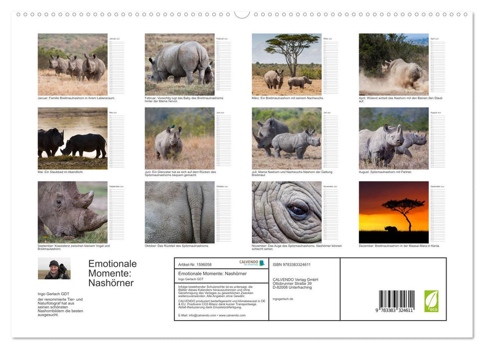 Moments d'émotion : Rhinocéros (Calendrier mural CALVENDO Premium 2024) 