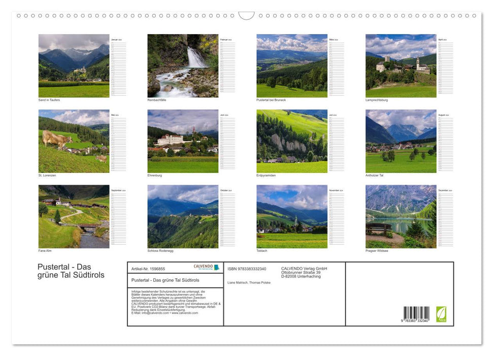 Pustertal - La vallée verte du Tyrol du Sud (Calendrier mural CALVENDO 2024) 