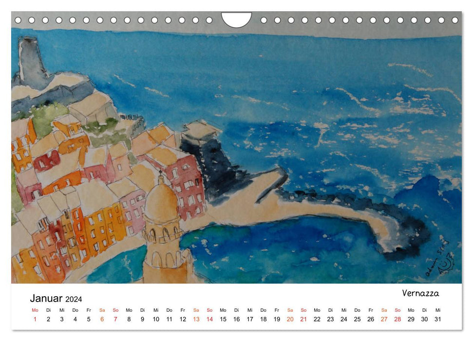 Cinque Terre und Meer in Aquarell und Acryl (CALVENDO Wandkalender 2024)