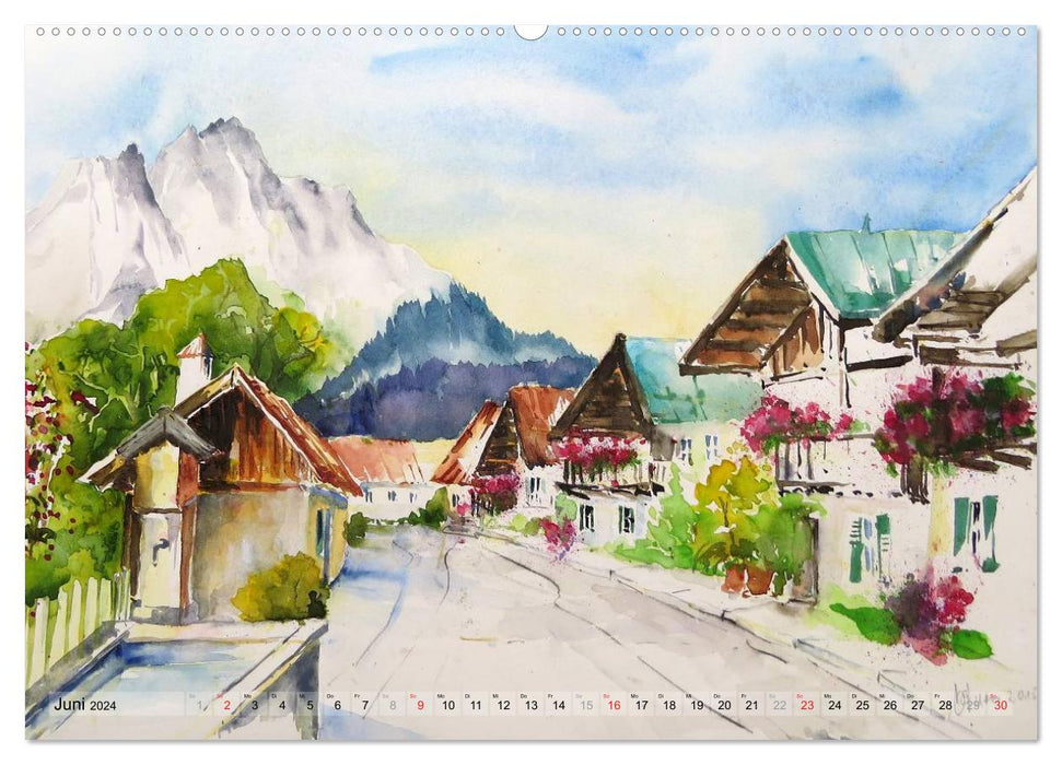 Pittoresque Garmisch Partenkirchen - aquarelles et photographies (calendrier mural CALVENDO 2024) 