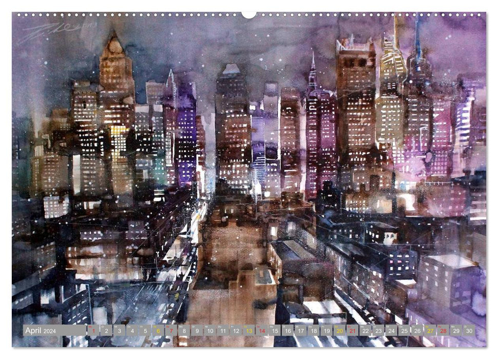 New York Aquarelle Citylights (Calvendo Premium Calendrier mural 2024) 