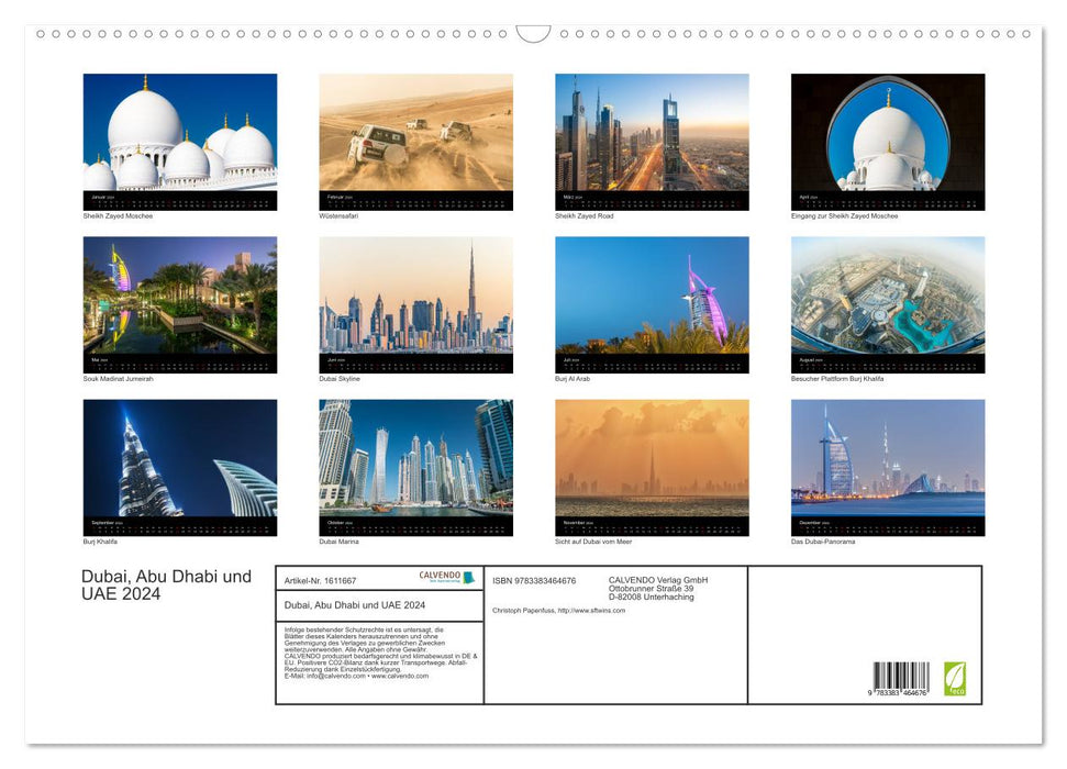 Dubaï, Abu Dhabi et Émirats Arabes Unis 2024 (calendrier mural CALVENDO 2024) 