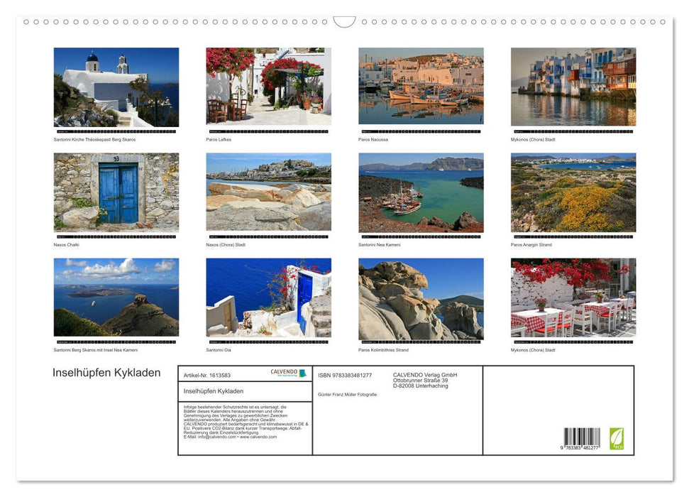 Island hopping Cyclades Santorini - Naxos - Paros - Mykonos (CALVENDO wall calendar 2024) 