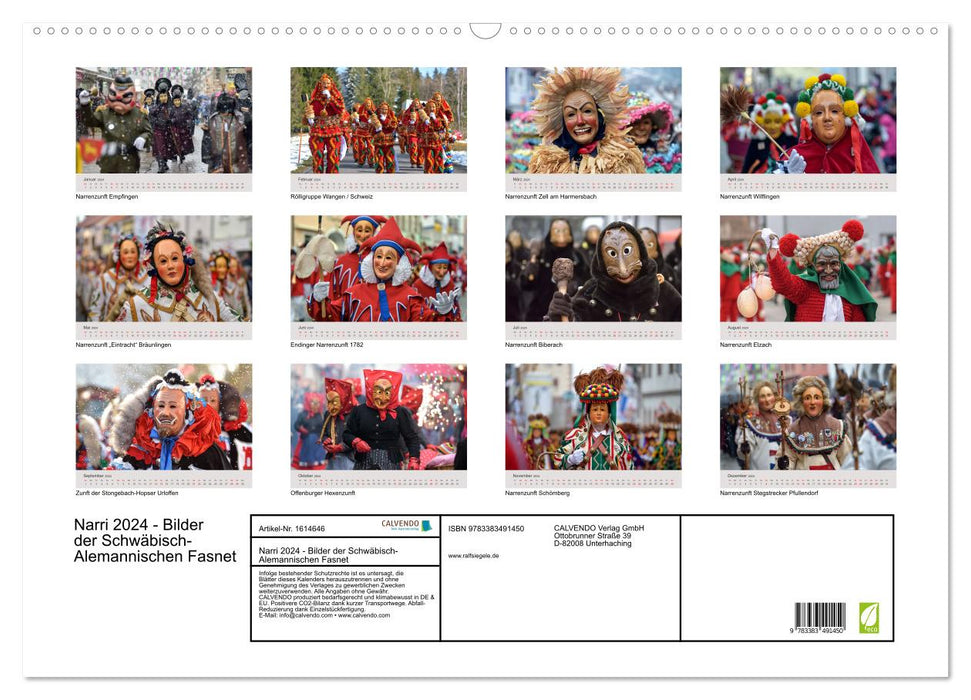 Narri 2024 photos du carnaval souabe-alémanique (calendrier mural CALVENDO 2024) 