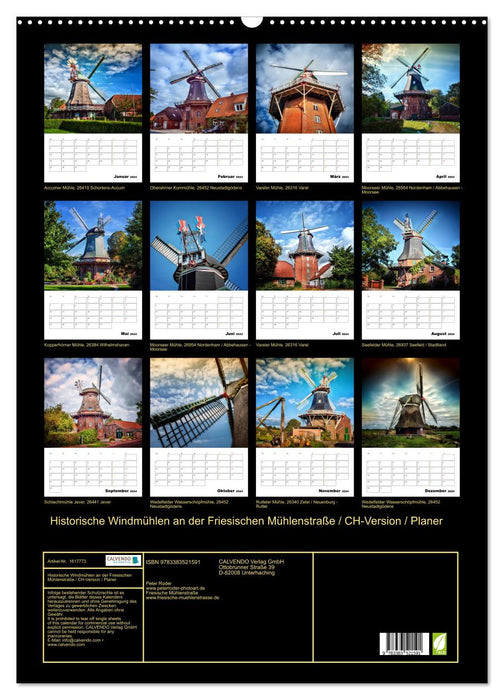 Historische Windmühlen an der Friesischen Mühlenstraße / CH-Version / Planer (CALVENDO Wandkalender 2024)