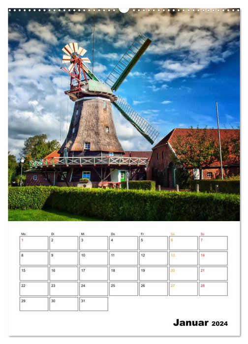 Historische Windmühlen an der Friesischen Mühlenstraße / Geburtstagsplaner (CALVENDO Premium Wandkalender 2024)