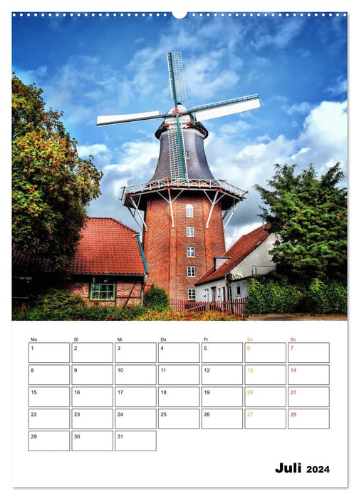 Historische Windmühlen an der Friesischen Mühlenstraße / Geburtstagsplaner (CALVENDO Premium Wandkalender 2024)