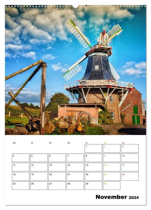 Historische Windmühlen an der Friesischen Mühlenstraße / Geburtstagsplaner (CALVENDO Wandkalender 2024)