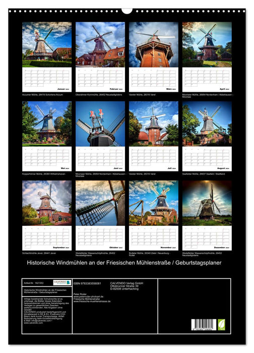 Historische Windmühlen an der Friesischen Mühlenstraße / Geburtstagsplaner (CALVENDO Wandkalender 2024)