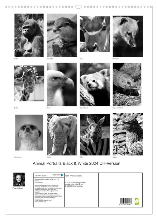 Portraits d'animaux noir et blanc 2024 version CH (calendrier mural CALVENDO 2024) 