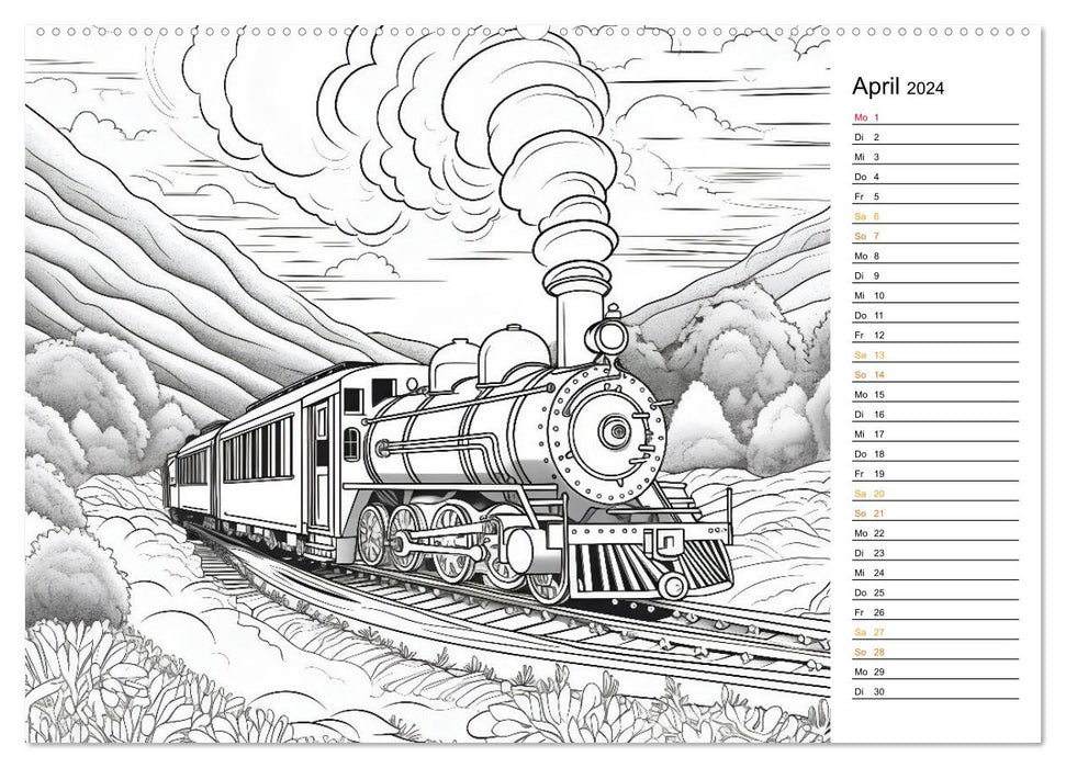 Eisenbahn Kreativ Ausmalkalender und Planer für Kinden (CALVENDO Wandkalender 2024)