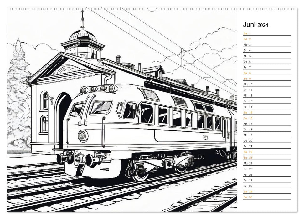 Eisenbahn Kreativ Ausmalkalender und Planer für Kinden (CALVENDO Premium Wandkalender 2024)