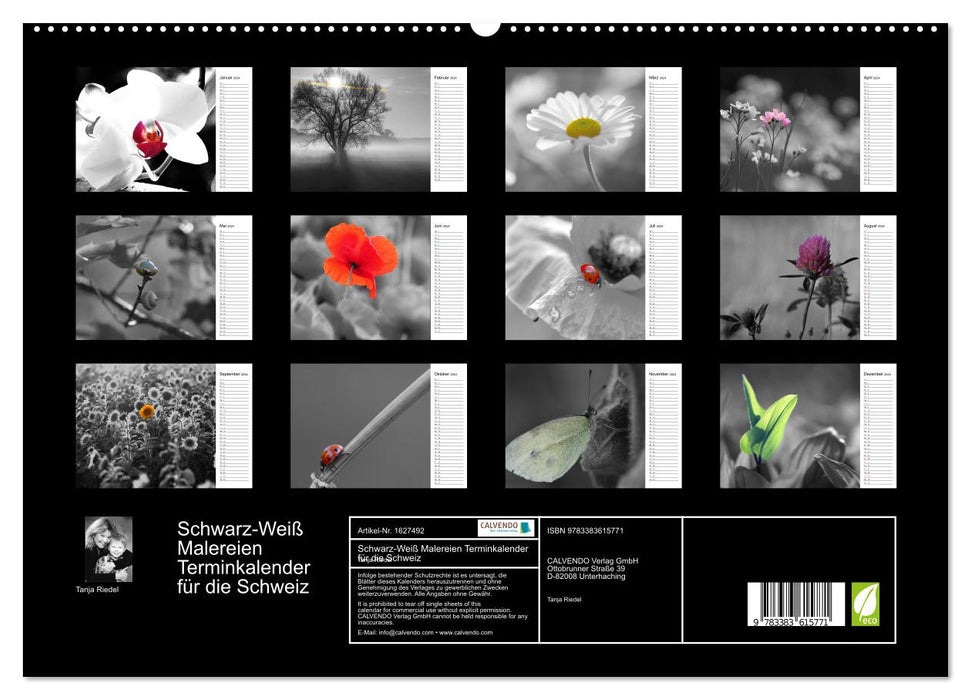 Schwarz-Weiß Malereien Terminkalender von Tanja Riedel für die Schweiz (CALVENDO Premium Wandkalender 2024)