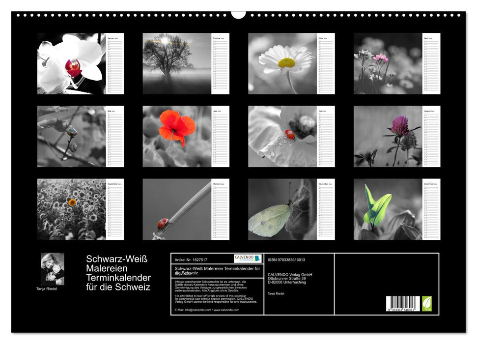 Schwarz-Weiß Malereien Terminkalender von Tanja Riedel für die Schweiz (CALVENDO Wandkalender 2024)