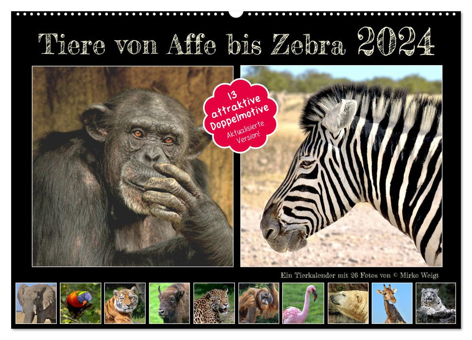 Tiere von Affe bis Zebra 2024 (CALVENDO Wandkalender 2024)