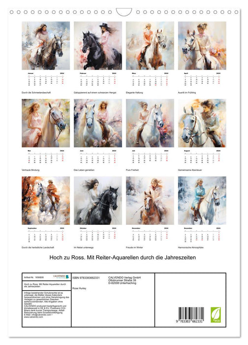 À cheval. Avec des aquarelles équestres au fil des saisons (Calendrier mural CALVENDO 2024) 