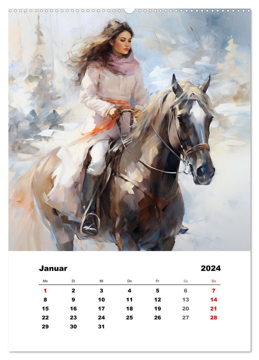 On horseback. With equestrian watercolors through the seasons (CALVENDO wall calendar 2024) 