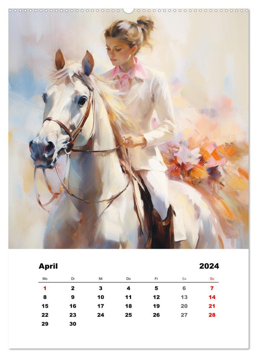 On horseback. With equestrian watercolors through the seasons (CALVENDO wall calendar 2024) 