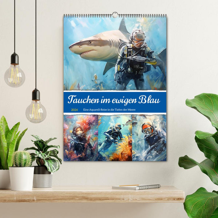 Tauchen im ewigen Blau. Eine Aquarell-Reise in die Tiefen der Meere (CALVENDO Wandkalender 2024)