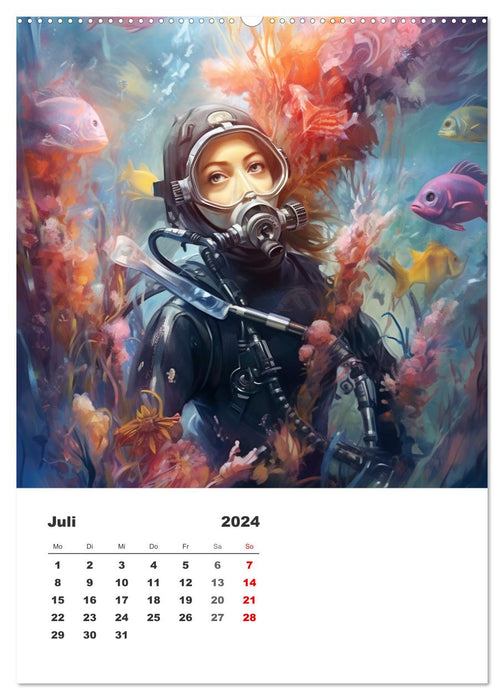 Tauchen im ewigen Blau. Eine Aquarell-Reise in die Tiefen der Meere (CALVENDO Premium Wandkalender 2024)