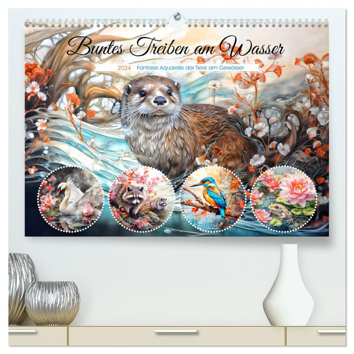 Buntes Treiben am Wasser - Fantasie Aquarelle der Tiere am Gewässer (CALVENDO Premium Wandkalender 2024)