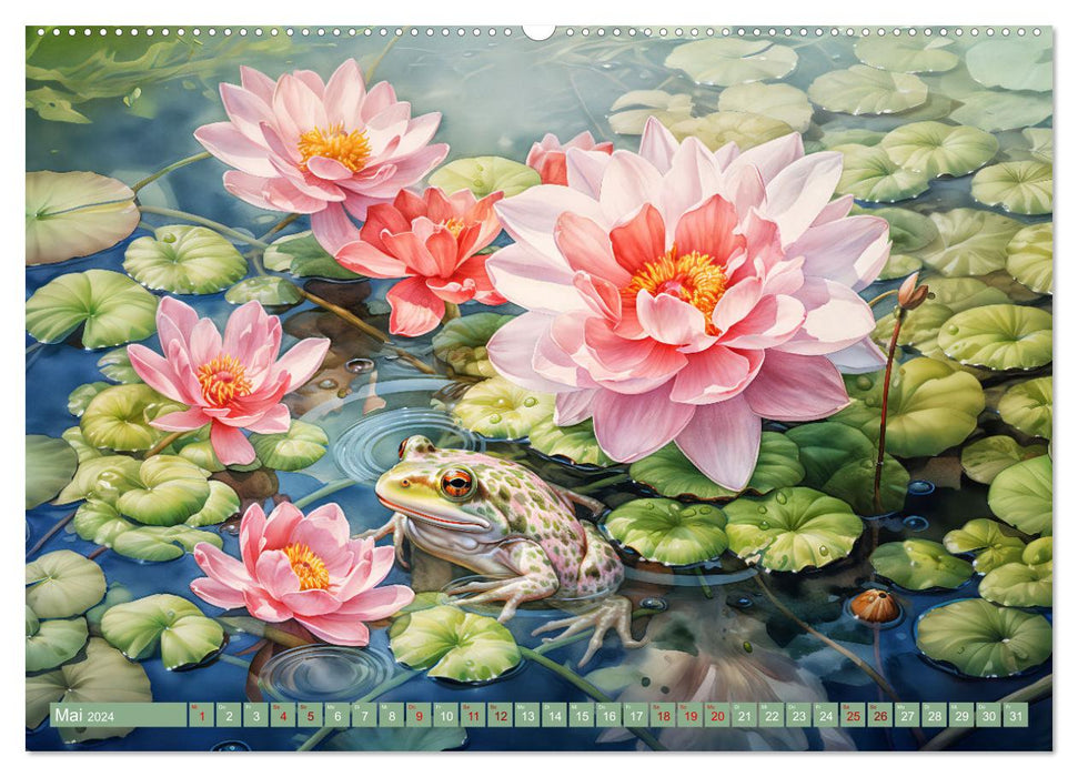 Buntes Treiben am Wasser - Fantasie Aquarelle der Tiere am Gewässer (CALVENDO Premium Wandkalender 2024)