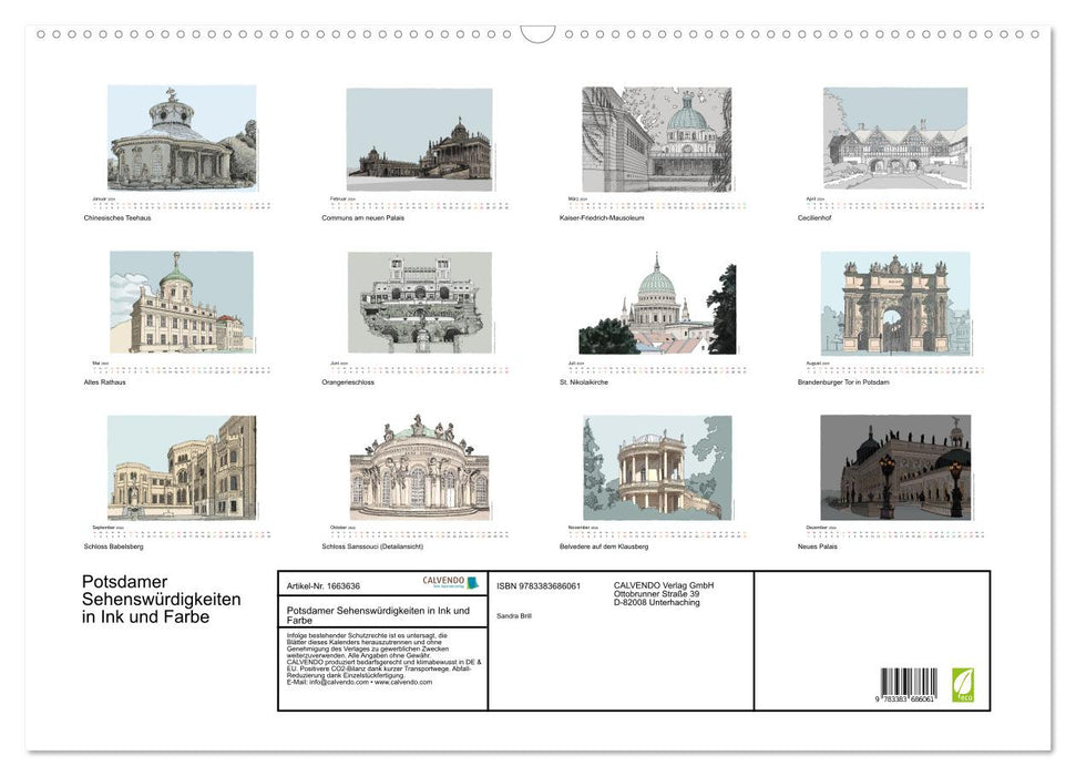 Potsdamer Sehenswürdigkeiten in Ink und Farbe (CALVENDO Wandkalender 2024)