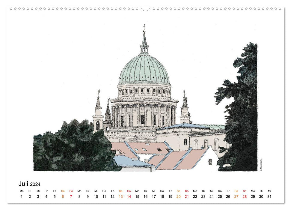 Potsdamer Sehenswürdigkeiten in Ink und Farbe (CALVENDO Premium Wandkalender 2024)