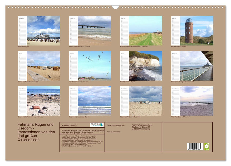 Fehmarn, Rügen und Usedom - Impressionen von den drei großen Ostseeinseln (CALVENDO Wandkalender 2024)