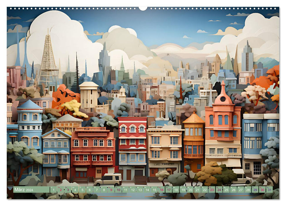 Papierschicktkunst - farbenfohe Städte (CALVENDO Wandkalender 2024)