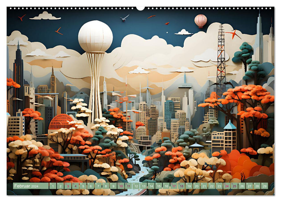 Papierschicktkunst - farbenfohe Städte (CALVENDO Premium Wandkalender 2024)