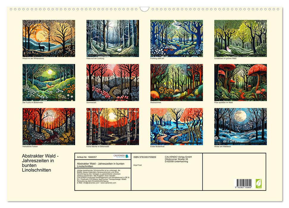 Abstrakter Wald - Jahreszeiten in bunten Linolschnitten (CALVENDO Wandkalender 2024)