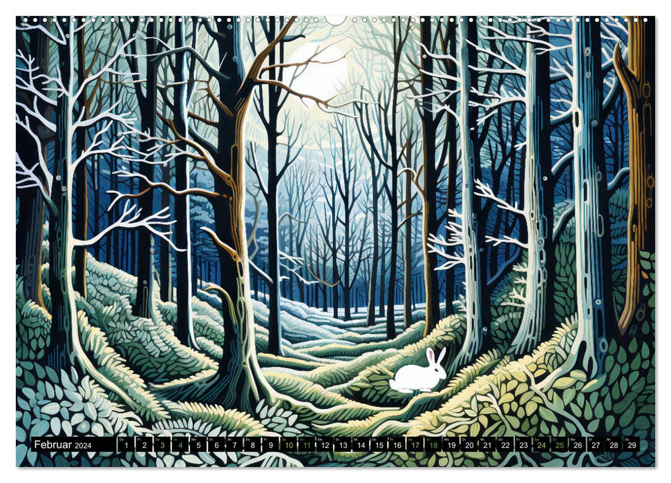 Abstrakter Wald - Jahreszeiten in bunten Linolschnitten (CALVENDO Premium Wandkalender 2024)