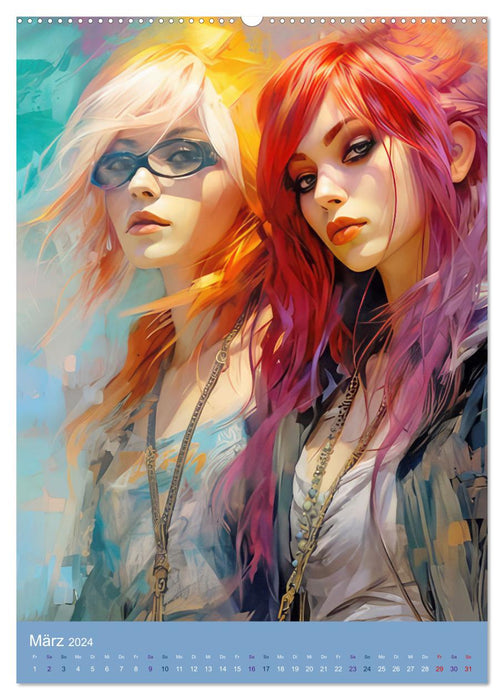 Hippie Girls Kunstbilder aus der Ära der Hippies (CALVENDO Premium Wandkalender 2024)