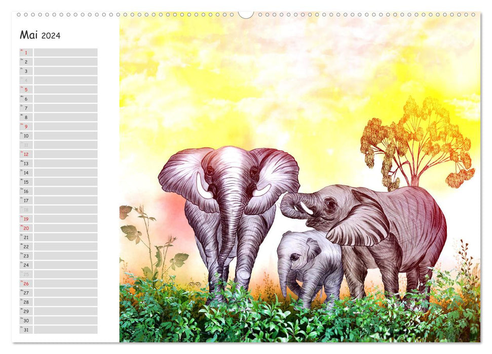 Sanfte Riesen - Elefanten-Zeichnungen (CALVENDO Premium Wandkalender 2024)