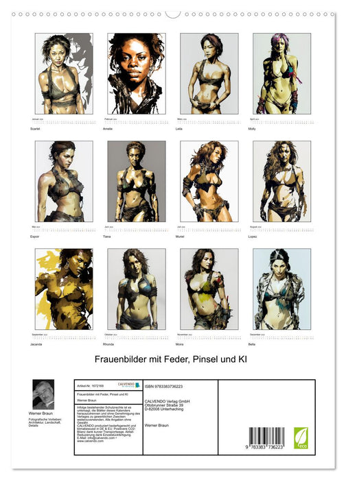 Frauenbilder mit Feder, Pinsel und KI (CALVENDO Premium Wandkalender 2024)