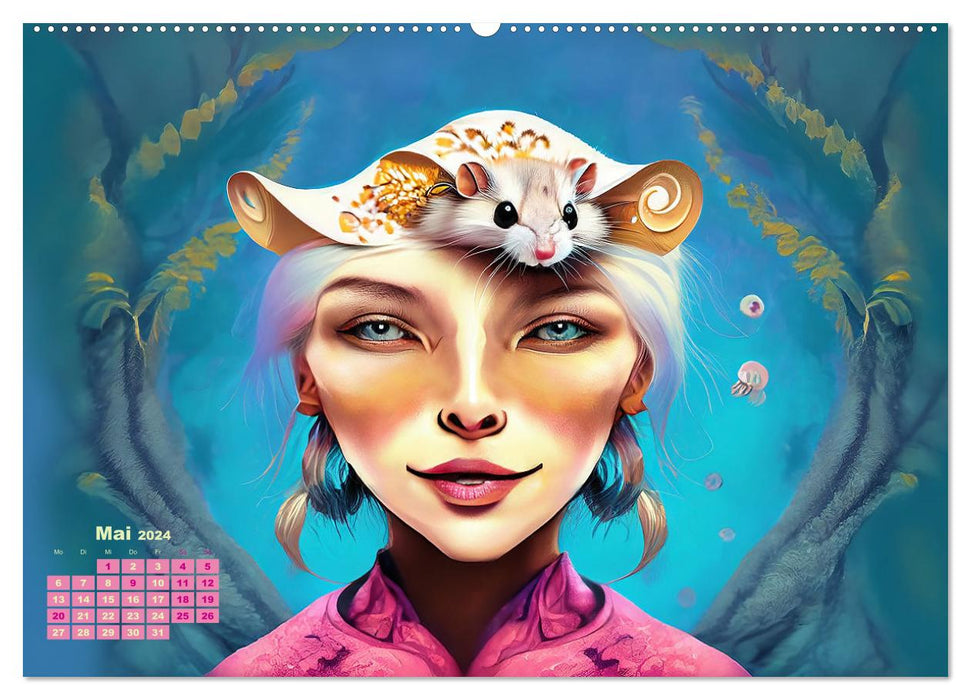 Portraits de femmes et d'animaux fantastiques (Calvendo Premium Calendrier mural 2024) 