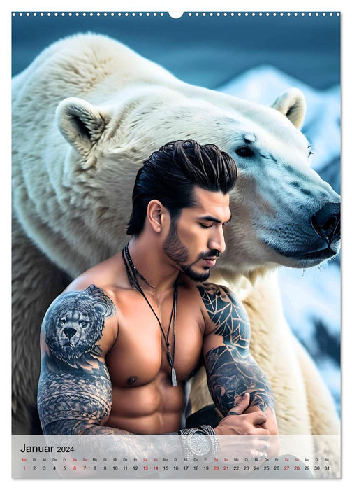 Verwegene Kerle - Muskeln, Tattoos und wilde Tiere (CALVENDO Premium Wandkalender 2024)